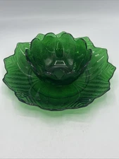 Vtg Anchor Hocking Fire King Forest Green Glass Lotus Leaf Desert Plate and Bowl