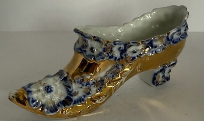 Beautiful Vintage Porcelain Decorative Shoe Slipper Gold Hand Painted Flowers