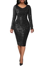 VERWIN Women's Sequins Bodycon Midi Dress V-Neck Long Sleeve – Black RRP £37