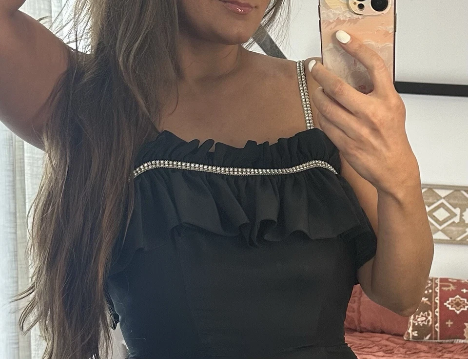 Vintage Lilli Diamond Of California Size 8 Black Rhinestone Jumpsuit Ruffles - Image 3 of 4