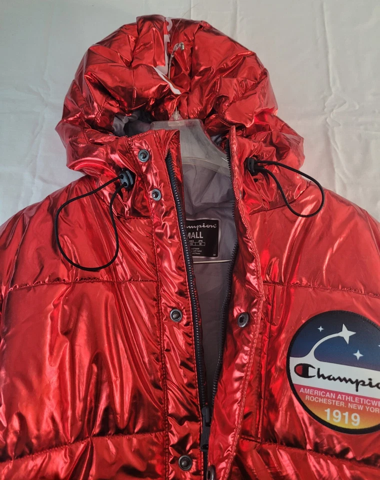 Abrigo Champion X NASA Para Hombres Pequeño Rojo Metálico Puffer Chaqueta Capucha Bandera EE. UU. Espacio Foto 4 de 4