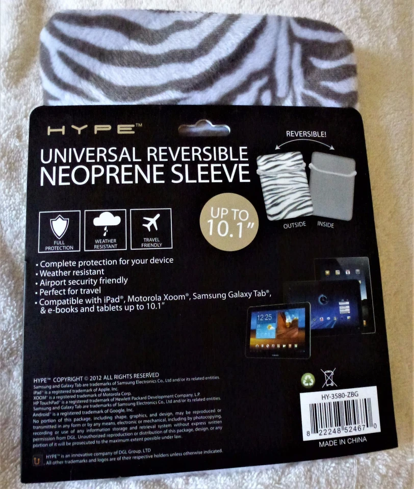 HYPE Gray White Zebra Print NEOPRENE Tablet Sleeve For Tablet / Notebook New - Image 3 of 3