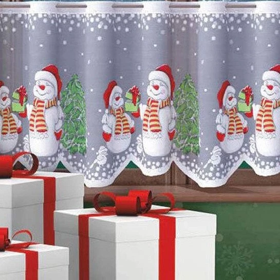 White Cafe Net Curtain - Christmas Snowman Pattern