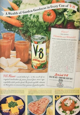 1942 V 8 Cocktail vegetable Juices Vintage Ad Wealth of garden goodness