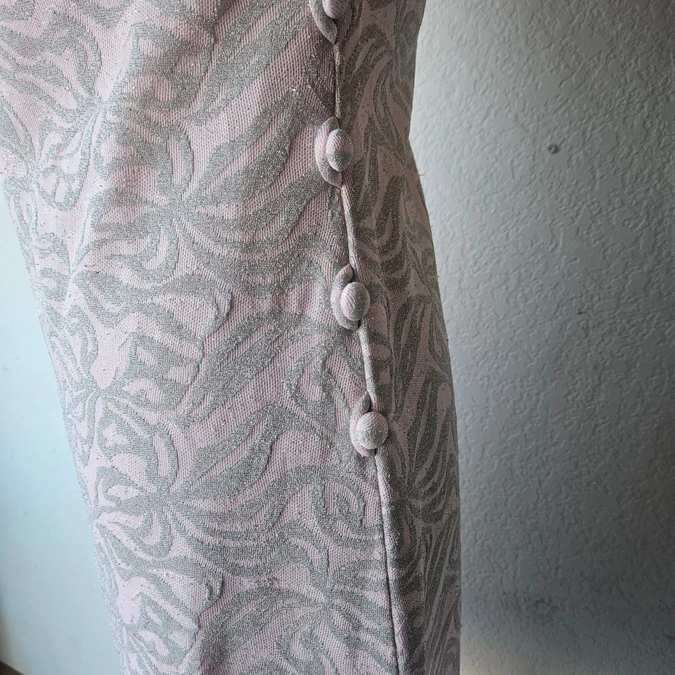 Leslie Fay Pink Silver 60s 70s Groovy Mod High Neck Cocktail Knit Mini Dress M - Image 4 of 4