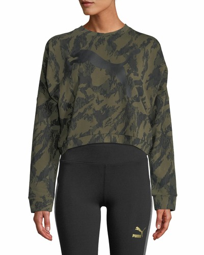 Puma Womens Cropped Printed Sweatshirt Green S