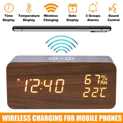 LED Wooden Digital Bedside Alarm Clock Qi Wireless Charging USB Battery  Alarm UK