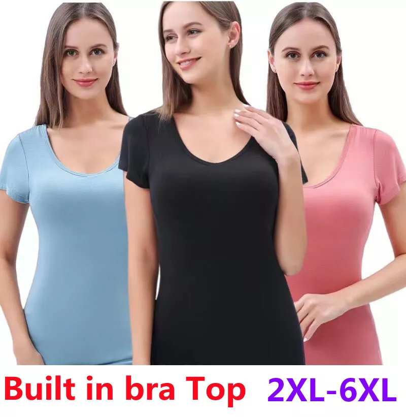 Lady Modal Padded Built in Bra T-Shirts Short Sleeve Scoop Neck