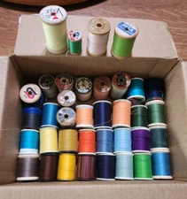 37 Sewing Thread Spools w/thread Old Wood and new Styro Poly Collectible Crafts