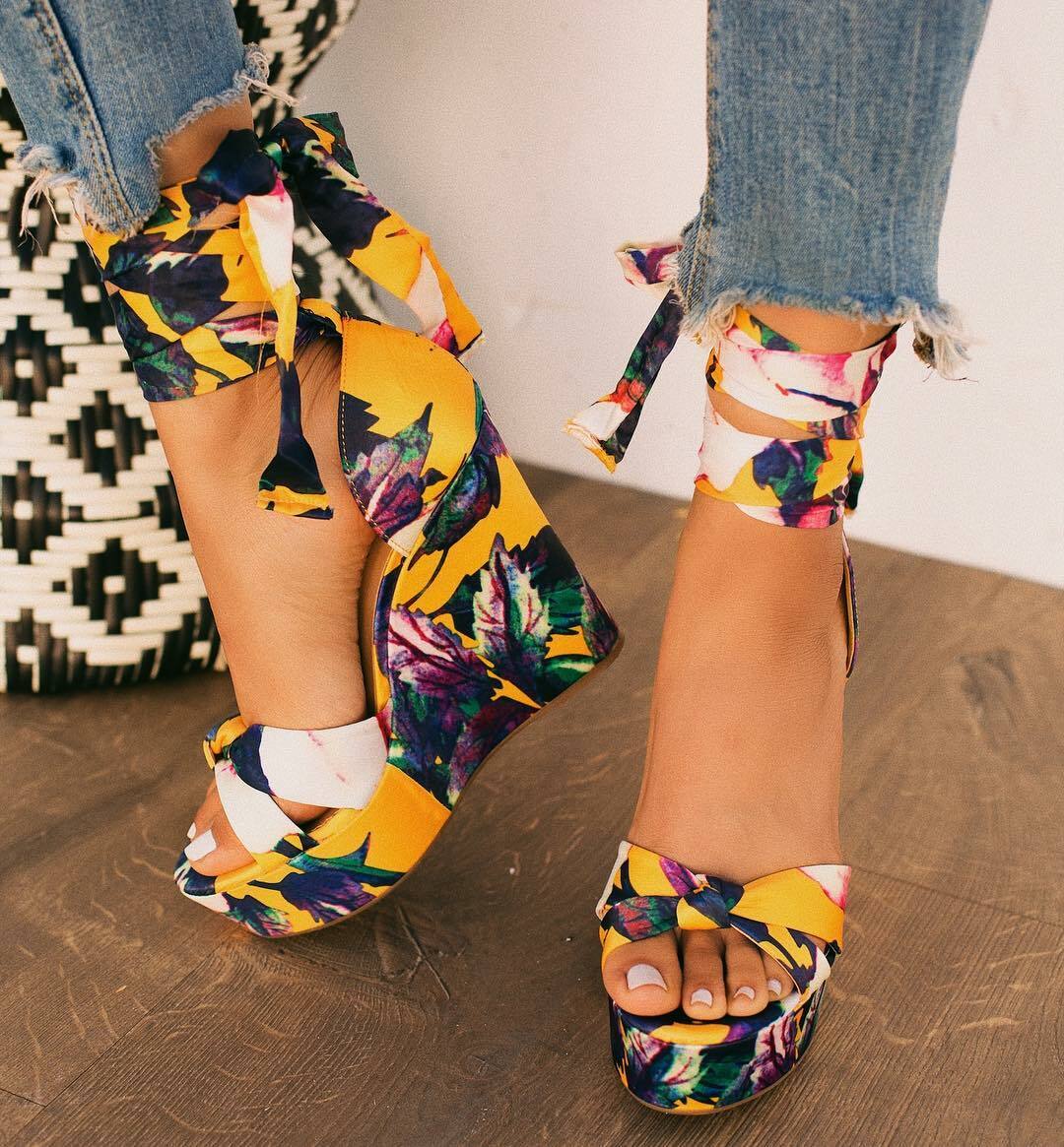 New Women Peep Open Toe High Wedge Platform Heel Sandal Wrap Lace