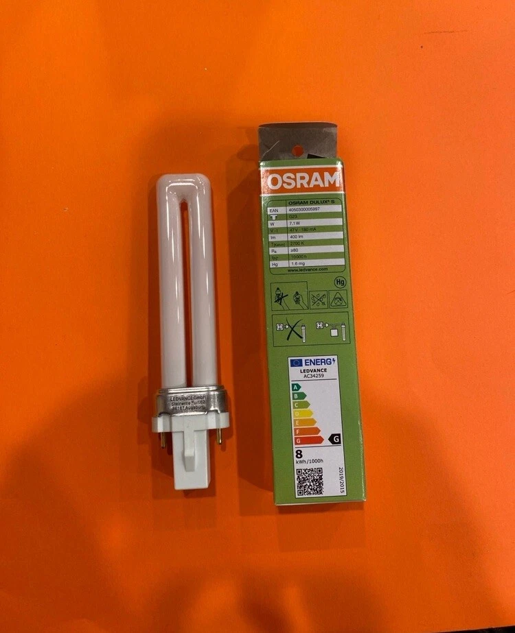 BOX OF 10 NEW 7W OSRAM DULUX S Twin CF Light Bulb F7TT/27K G23 2 pin - Image 2 of 3