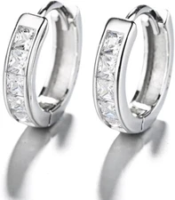 925 Sterling Silver Plated Square Small Diamond Huggie Hoop Earrings Women Men