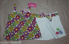 Girls Shorts Set FLOWERED SUMMER TOP Animal Print WHITE SHORTS 5-6 Flowers BELT
