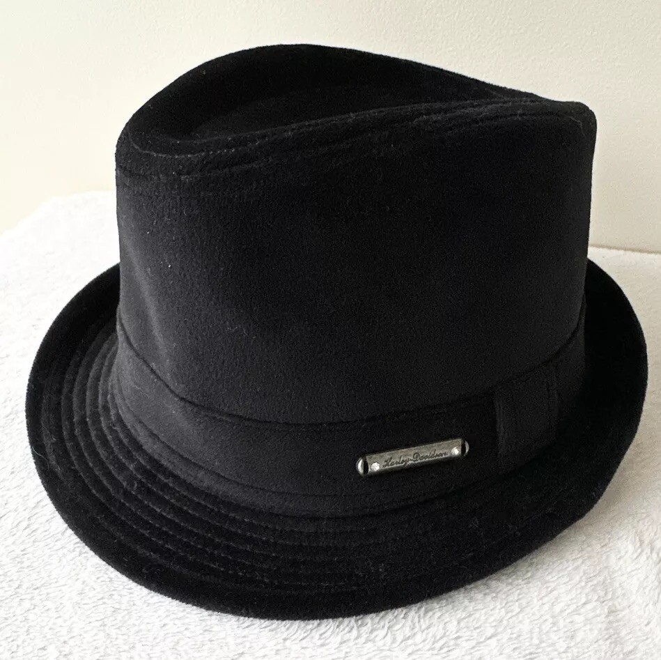 Harley-Davidson 黒ウールハット made in USA Harley Davidson Fedora Black Velvet Felt Cotton Blend Top