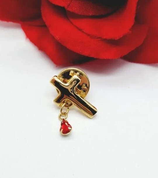Vintage Brooch pin lapel cross red tear drop religious rhinestone gold tone
