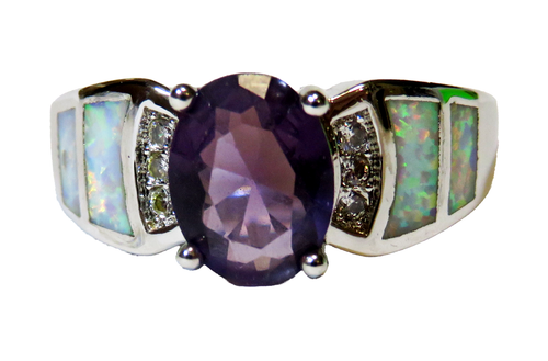 Silberring Größe 9 weißer Laboropal Inlay 8 mm * 6 mm Amethyst & weißer Topas Neu aus altem Lagerbestand - Bild 3 von 12