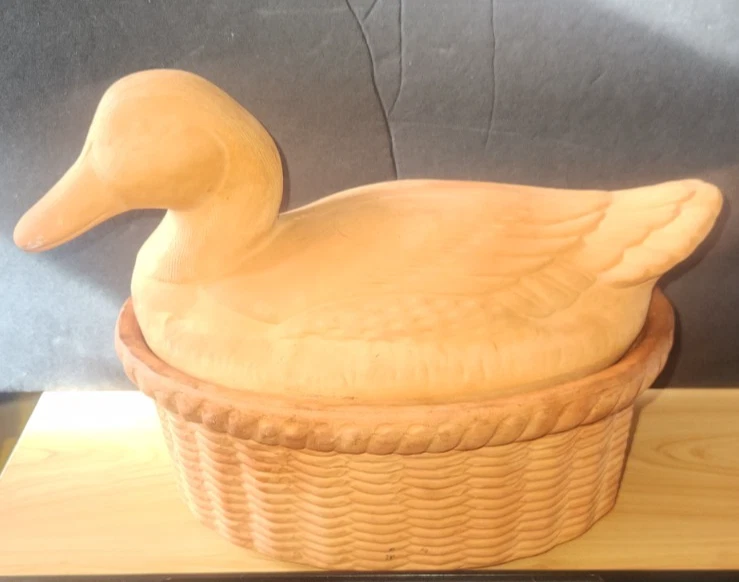 vintage terracotta mallard duck in a basket baking / casserole dish