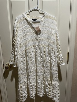 esmara White Beige Geometric Knee Length A-Line Dress V-Neck Long Sleeve L