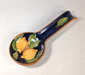 VTG Italian Spoon Rest ~ Positano Amalfi Coast Hand Painted Lemons on Cobalt 11"