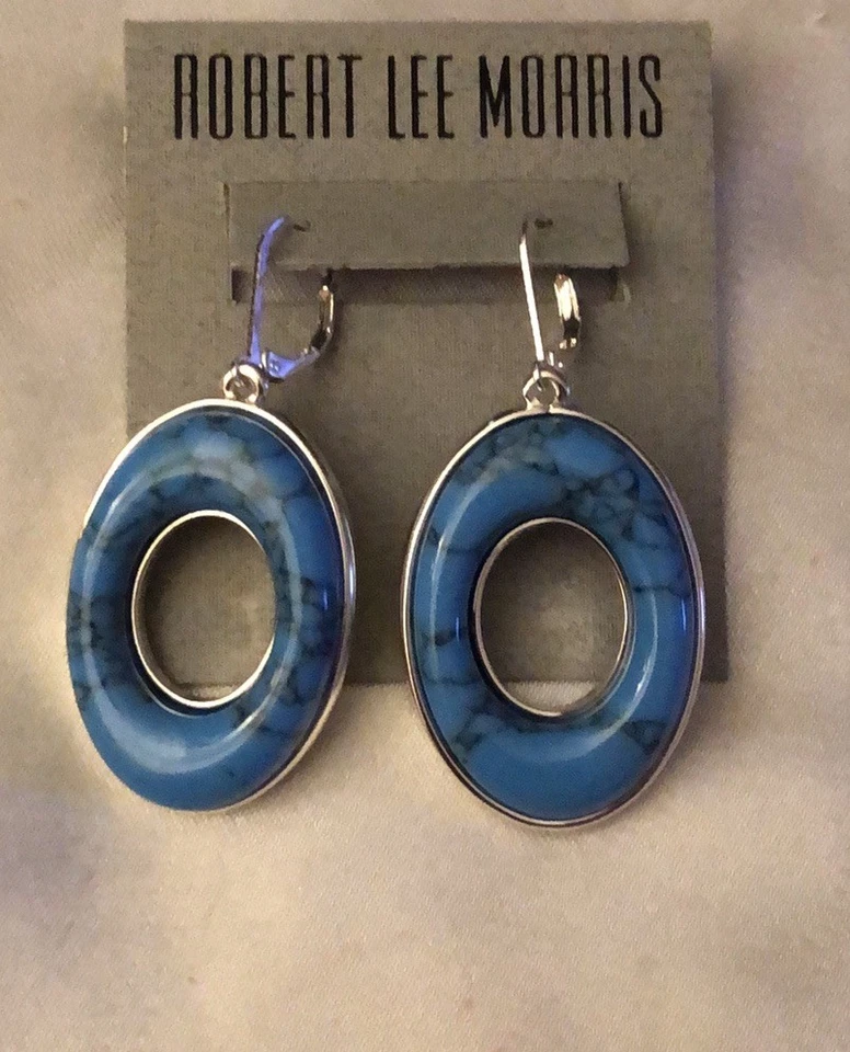 Robert Lee Morris Oval Silver Tone  Drop Earrings Blue Veined Turquoise NWT - Image 3 of 4