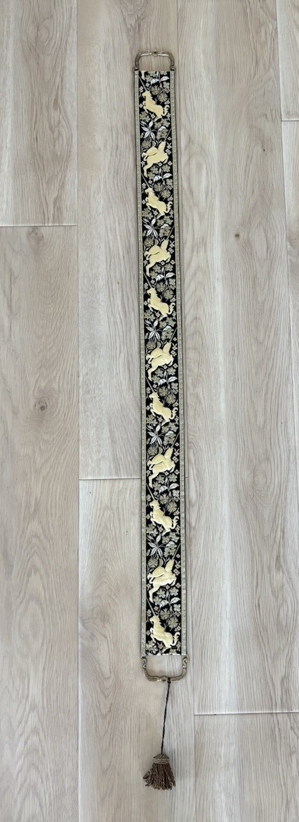 VTG Double Brass Bell Pull UNICORN Ribbon Black & Metallic Gold Super Rare Find!