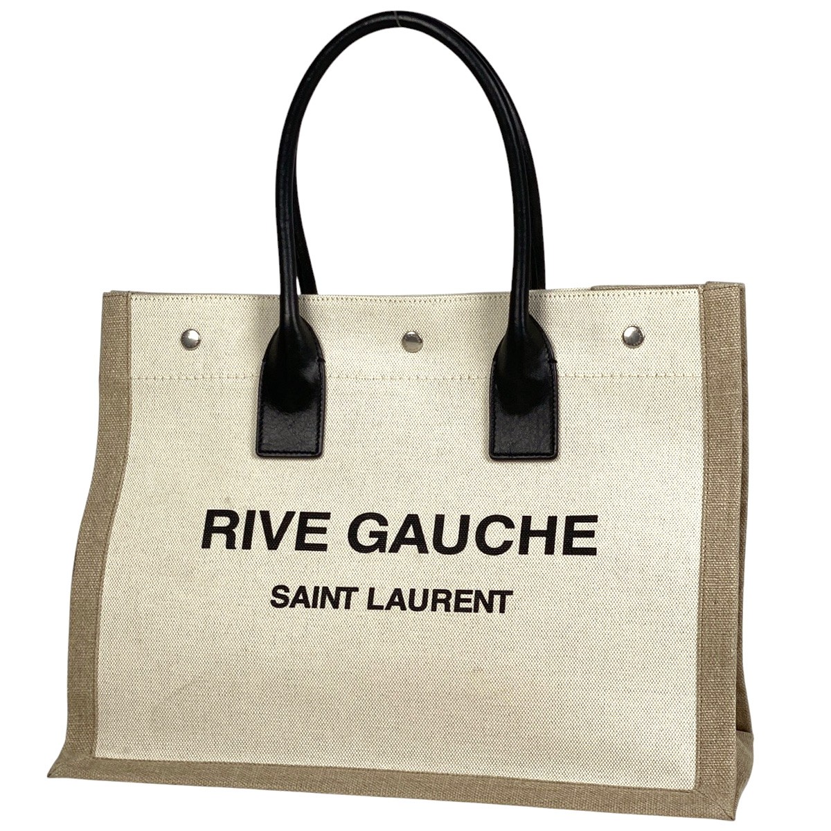 SAINT LAURENT Rive Gauche Tote Bag Logo Borsa a Mano Tote Bag Tela Beige Nero...