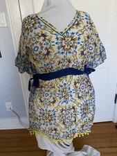 Soberti One Size Boho Tunic Dress Blue Yellow Sequin V-Neck Pom Pom Hem