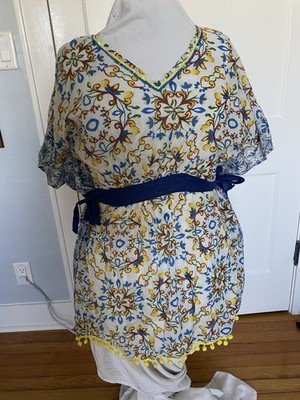 Soberti One Size Boho Tunic Dress Blue Yellow Sequin V-Neck Pom Pom Hem