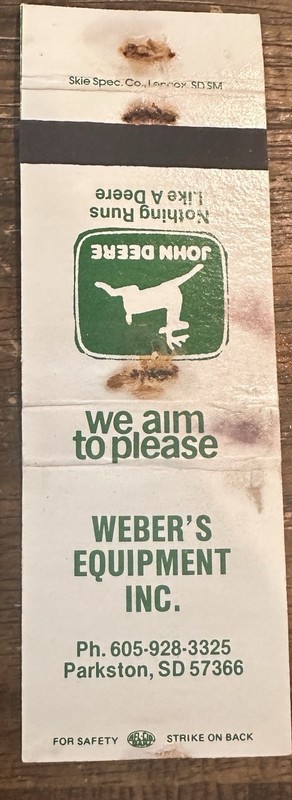 Skie Spec Brand Matchbook JOHN DEERE ‘Weber’s Equipment’  Parkston South Dakota