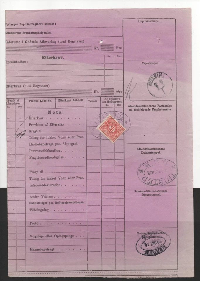 DENMARK # 7-1326 # PAPER FOR A PARCEL SENT BY THE RAILWAY # 1915 # - Image 2 of 2