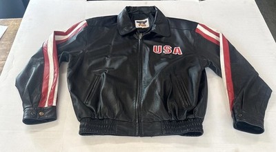 Eagles Landing USA Black Genuine Leather Jacket US FLAG ~ Men s Size Large