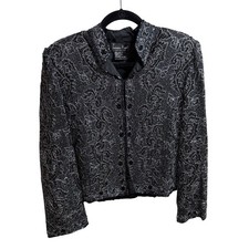 Vintage Laurence Kazar Silk Black Silver Beaded Sequin Jacket Womens Sz L Artsy
