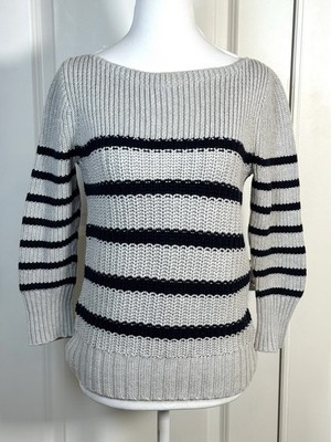 J.Crew Boatneck Sweater XS Light Gray Navy Stripe Cotton Chunky Knit Coastal