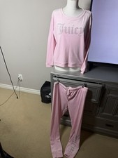 Juicy Couture Velour Pajama Set Pink Rhinestone Top Pants Sz Large 2pc