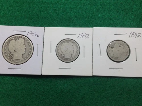 Silver 1907D Barber Half Dollar-Silver 1892 Barber Quarter-1892 V Nickel