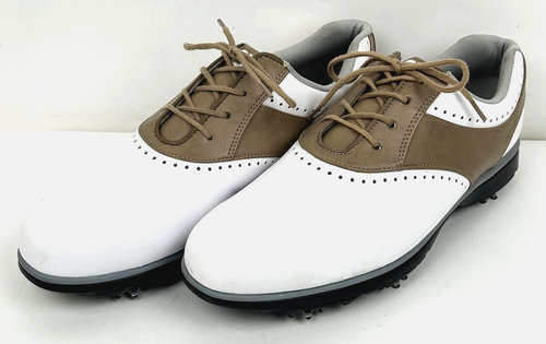 Footjoy eMerge Golf Shoes White/Brown Leather Spiked Women's Size 10 Med #93914 - Afbeelding 1 van 6