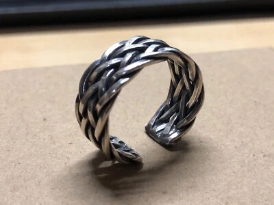 Anillo tejido duro de plata de ley 925 maciza para hombre tamaño ajustable