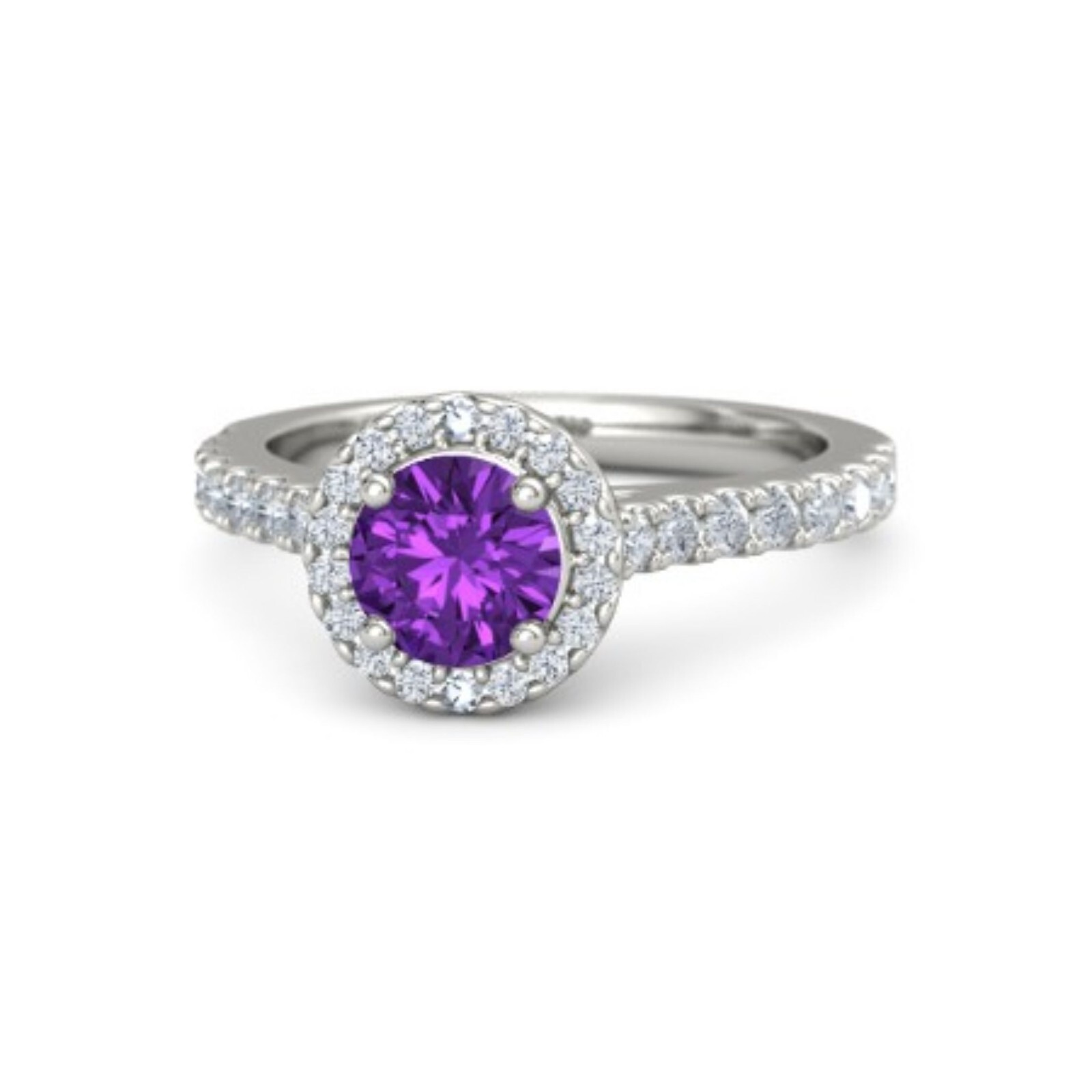 Round Halo Amethyst & CZ Wedding Ring in Solid Sterling Silver