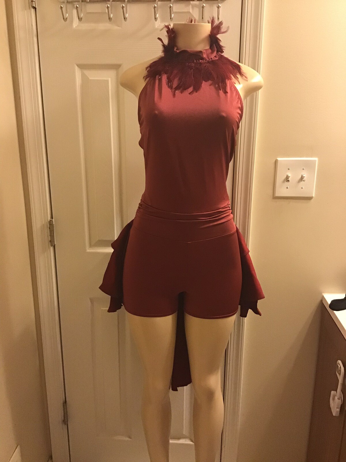 Kelle Dance Costume with Feather Fringe. Color Burgundy. CHILD LARGE