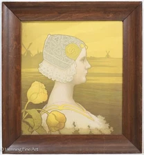 Beautiful Antique Art Nouveau Paul Berthon Lithograph Queen Wilhelmina, Framed