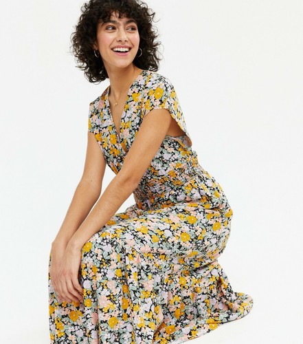 Abito midi scollo a V a strati floreale nero New Look taglia 10 38 vintage - Foto 5 di 5