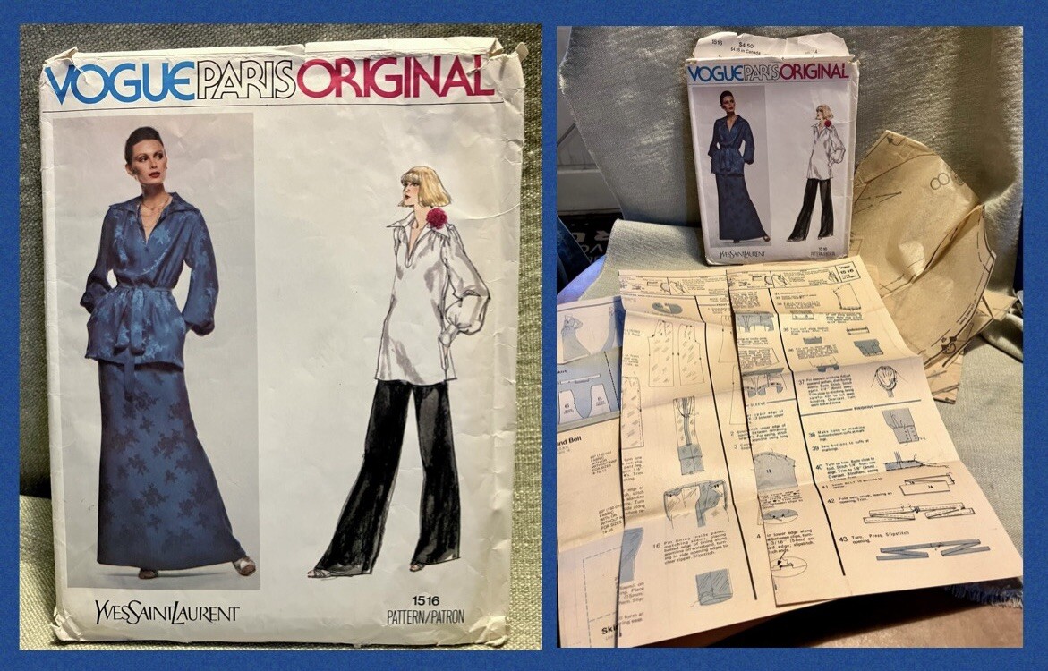 Modello cucito originale vintage Vogue 1516 taglia 14 Yves Saint Laurent Paris taglio parziale