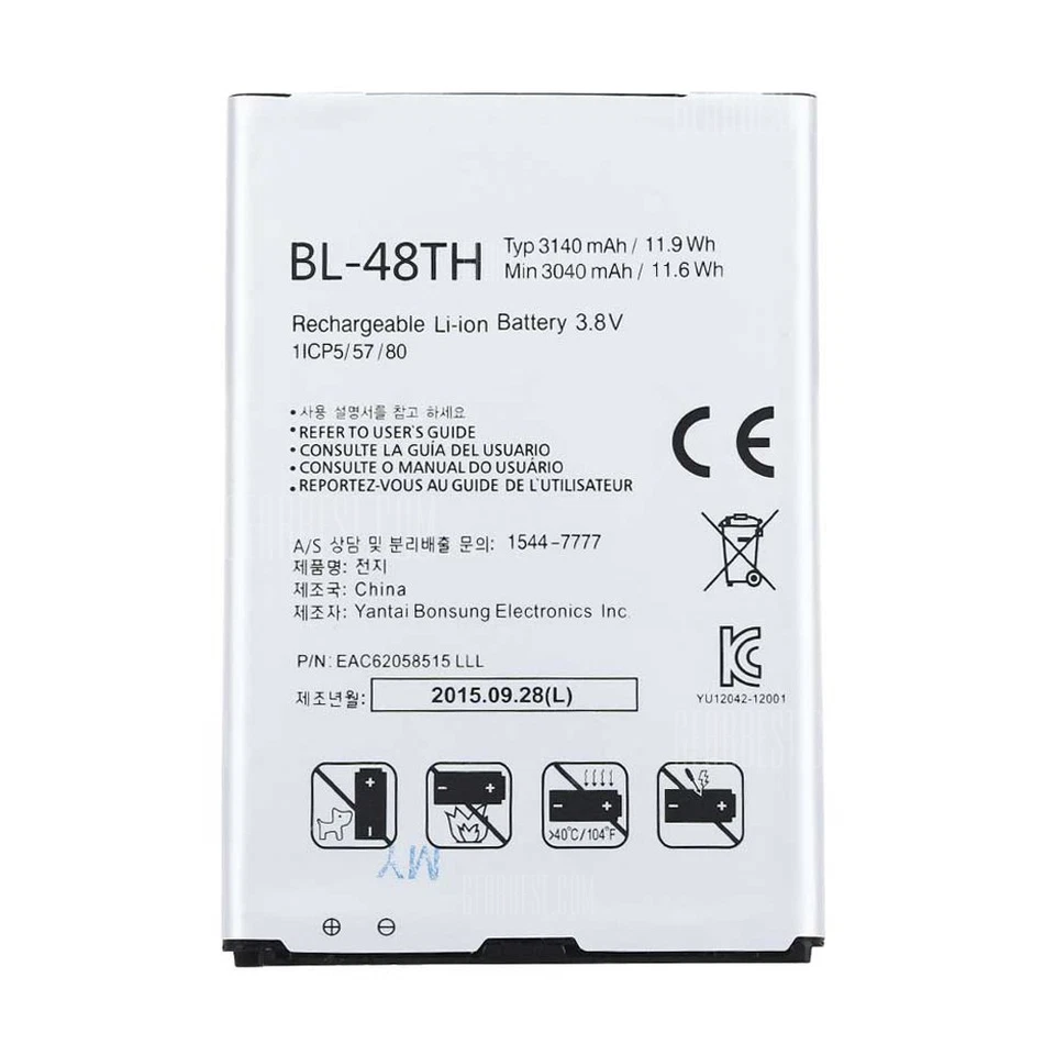 Batería de iones de litio para teléfono celular LG 3140 mAh 3,8 V 11,9 Wh BL-48TH 1ICP5/57/80 EAC62058511 Foto 2 de 2