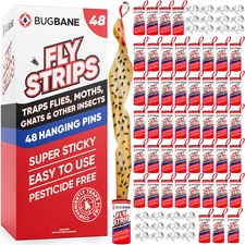 Fly Strips Indoor Sticky Hanging 48Pk with Pins. Non Toxic Outdoor Fly Trap Indo