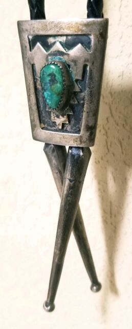Vintage Native American Navaho Hand Made Sterling Silver Turquoise Bolo Tie Vintage Native American Navaho Hand Made Sterling Silver Turquoise Bolo Tie