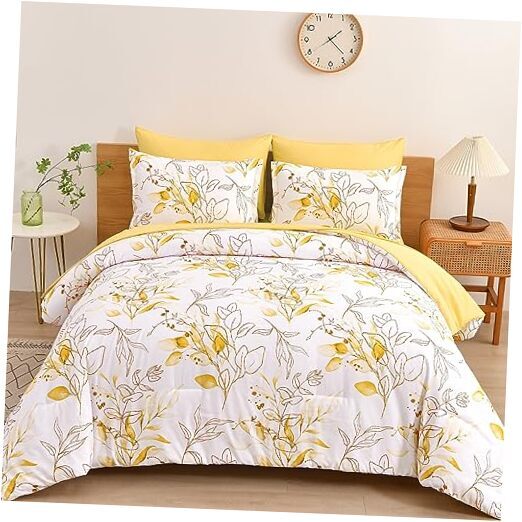 Yellow Botanical Comforter Set Queen, 7 Pieces Queen 90“×90” White-yellow