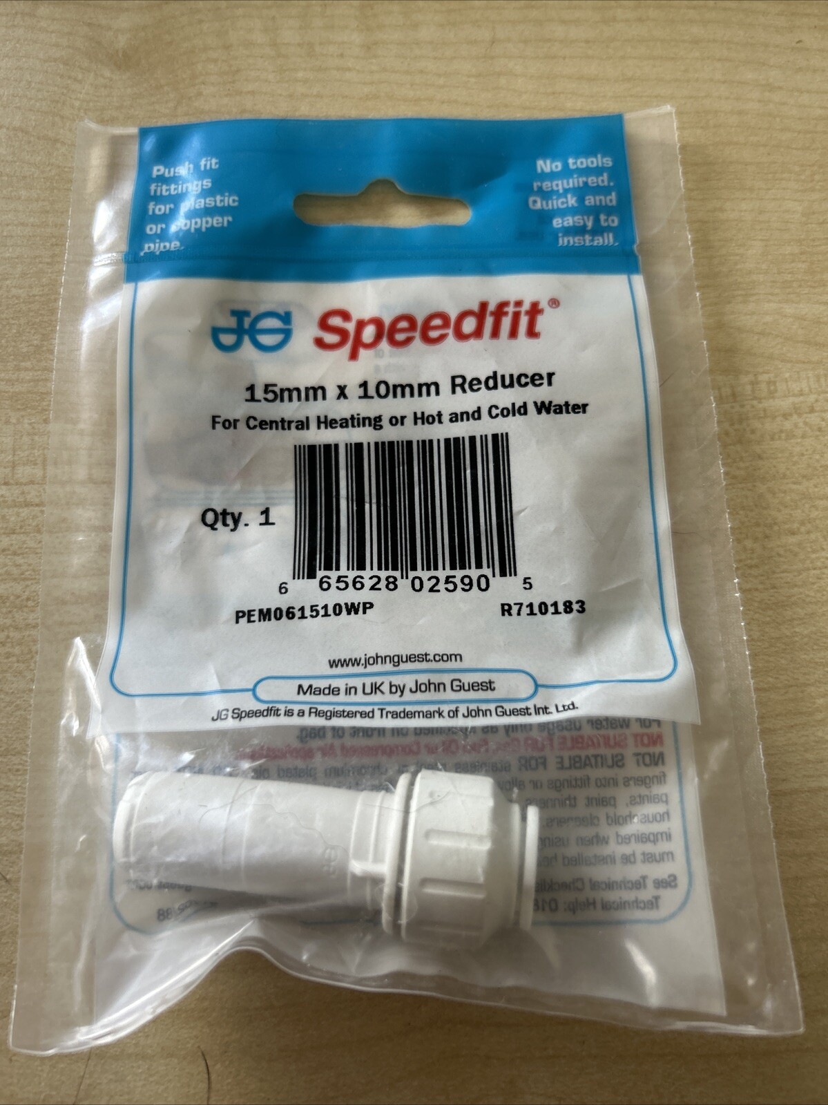 Speedfit 15mm X 10mm Reducer Push fit John Guest JG PEM061510WP