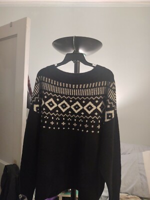 EVRI  3/4 Sleeve Crew Neck Stretch Sweater Top Black White Cross Diamond Geo  2X