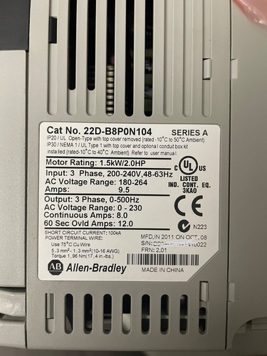 Allen Bradley 22D-B8P0N104 PowerFlex 40P 1.5 kW 2 Hp AC Drive New - Picture 4 of 4