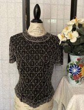 Papell Boutique Evening Wom M Blk Silk Silver Beaded/Sequin Blouse STUNNING 